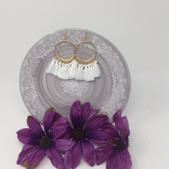 Boho White Tasseled Gold Hoop Earrings - Picture 2 of 3